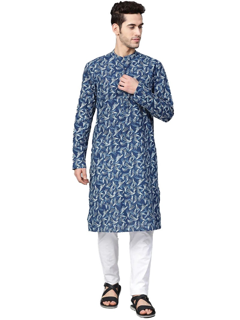 See Designs Blue & White Cotton Regular Fit Printed Kurta Set_SDKT88301XL - Image 1