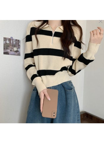 Generic Half-Zipped Polo Collar Striped Knitted Top Womens Spring Autumn Thin Style Sensibility Niche Loose Fit Idle Pullover Top Brown  - Image 4