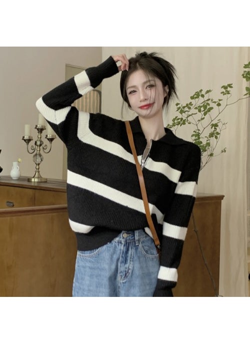 Generic Half-Zipped Polo Collar Striped Knitted Top Womens Spring Autumn Thin Style Sensibility Niche Loose Fit Idle Pullover Top Brown  - Image 2