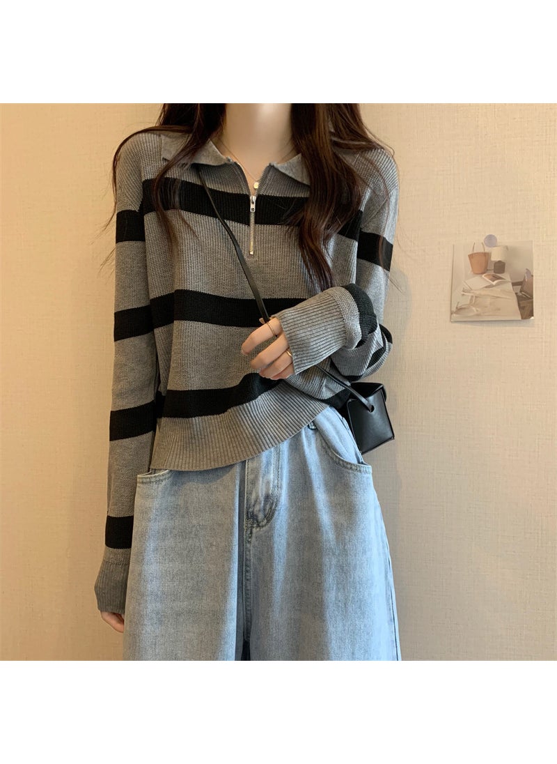 Generic Half-Zipped Polo Collar Striped Knitted Top Womens Spring Autumn Thin Style Sensibility Niche Loose Fit Idle Pullover Top Brown  - Image 3