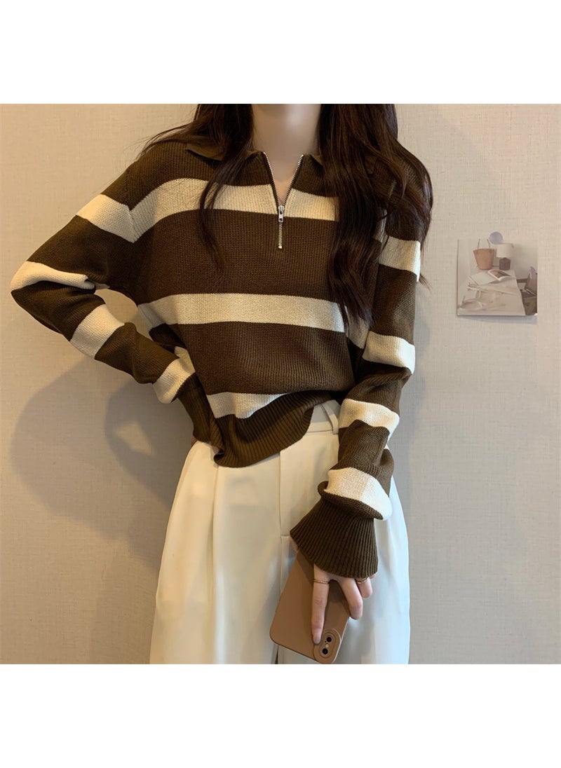 Generic Half-Zipped Polo Collar Striped Knitted Top Womens Spring Autumn Thin Style Sensibility Niche Loose Fit Idle Pullover Top Brown  - Image 1