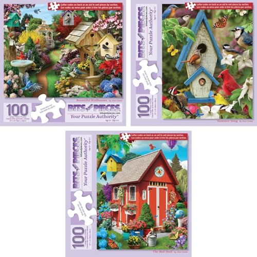 Bits and Pieces 100 Piece Puzzles for Adults Alan Giana 3Pack 100 Extra Large Pieces 15 x 19 Jigsaw Puzzles Beautiful Birdhouses No 2 Pieces Alike - Image 1