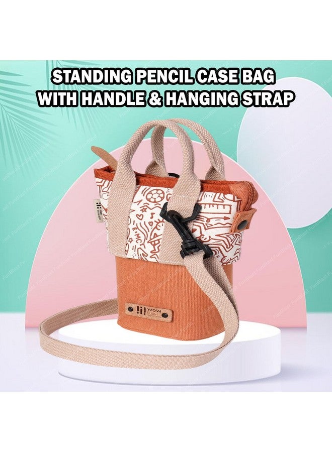 فنبلاست حقيبة أقلام فن بلاست الدائمة بمقبض وحزام تعليق - حقيبة أقلام أنيقة للبنات والأولاد، حقيبة أدوات مكتبية قابلة للتوسيع، حقيبة تنظيم مستحضرات التجميل، حقائب للأدوات المكتبية (بني كستنائي) - Image 5