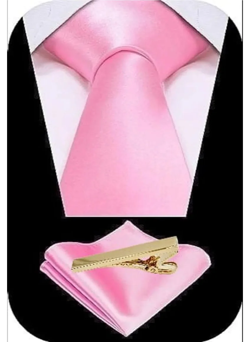 تيزجيلسين Men's Satin Tie Handkerchief and Gold Steel Tie Clip Set