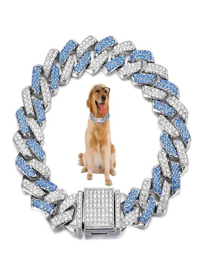 WeimoMonkey Blue Cat Chain Collar, Dog Necklace Bling Glitter Rhinestone Metal Choke Cuban Link Dog Collar, 14mm Wide Pet Jewelry for Puppy XS Small Medium Large Dogs Cats (10inch) - Image 1