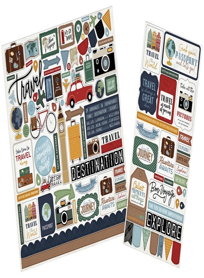Trendzeen Travel Stickers for Scrapbooking - Travel Scrapbook Chipboard for Journal, Planner, Photo Album, Diary | Vacation Stickers Set Includes Phrases, Luggage, Globe, Camera Designs | 2 Items - Image 1