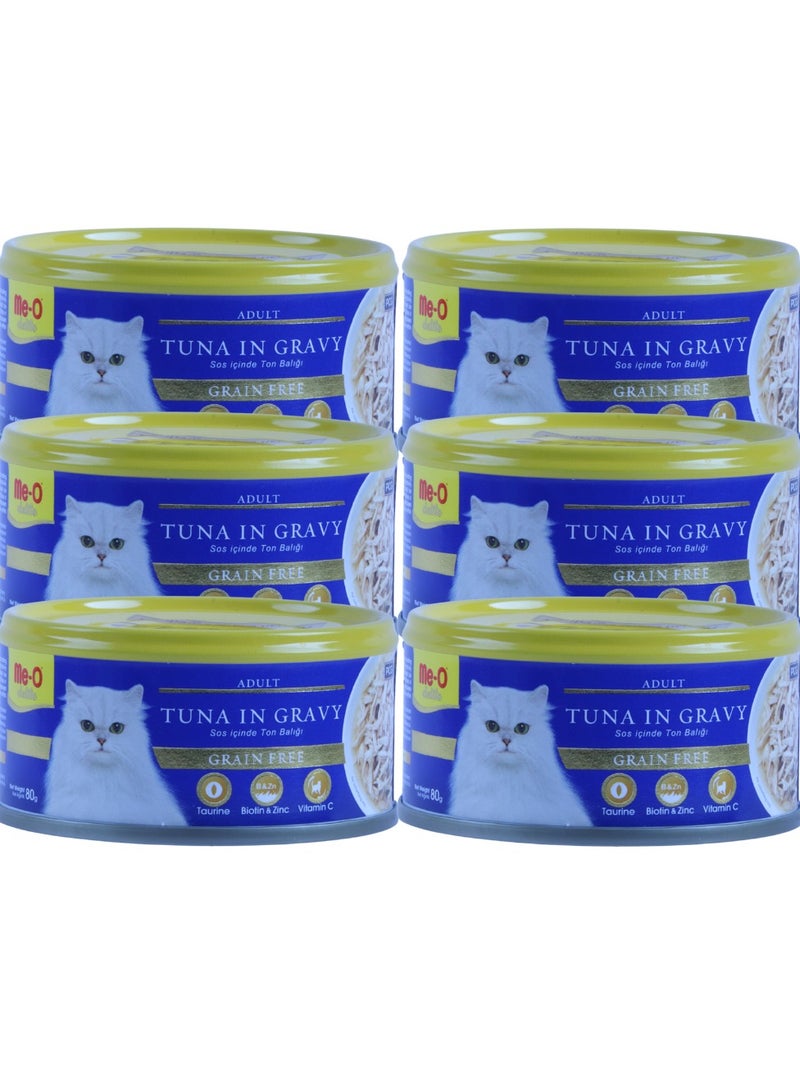 Me-O Cat Adult Wet Food With Tuna In Gravy Flavor - 6x80g -  Grain-Free Wet Food for Adult Cats with Taurine, Biotin, and Zinc - Image 1
