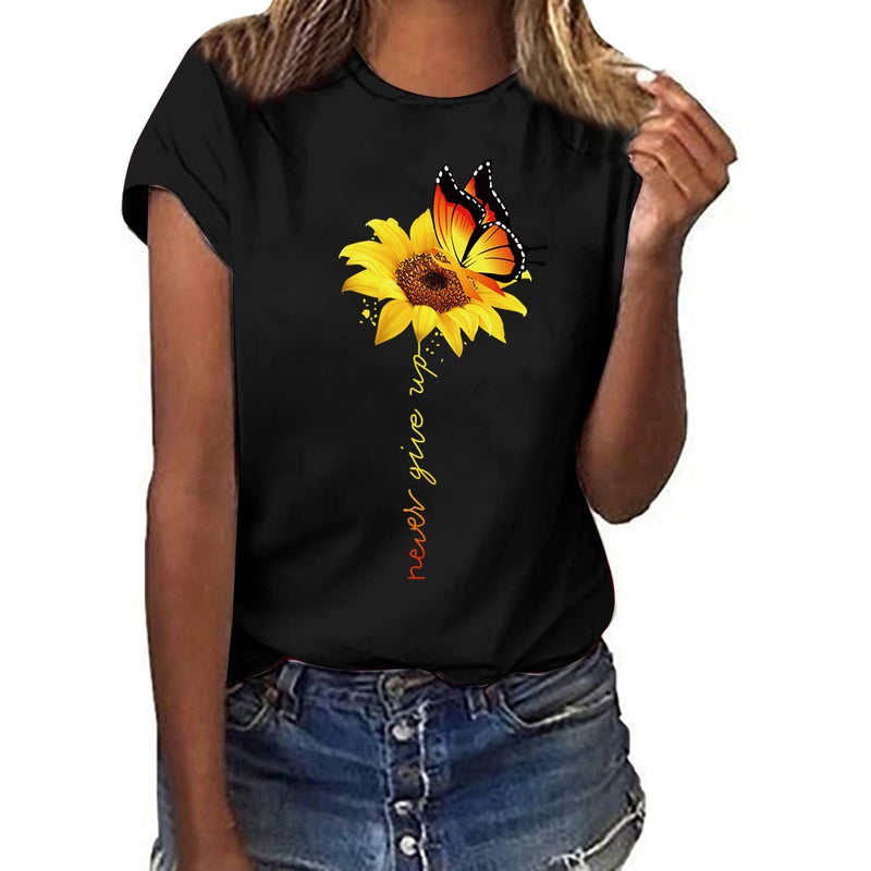 Butterfly Sunflower Sunflower Print Short Sleeve T-Shirt Explosive Foreign Trade One Drop Shipping Wish eBay White GAH08013 Sky blue white GAH08013 XXL - Image 2