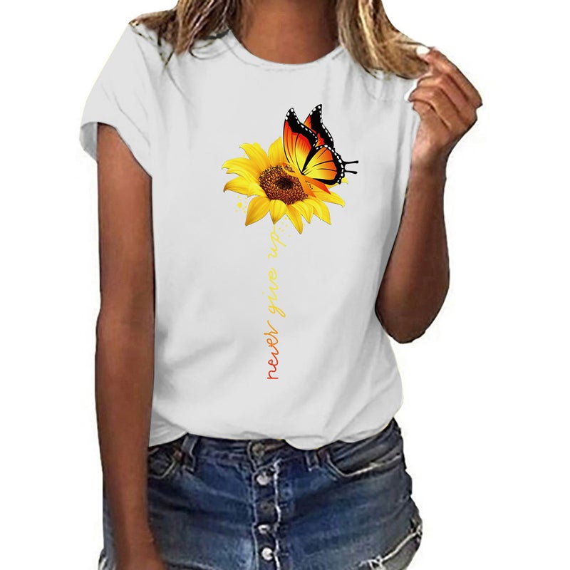 Butterfly Sunflower Sunflower Print Short Sleeve T-Shirt Explosive Foreign Trade One Drop Shipping Wish eBay White GAH08013 Sky blue white GAH08013 XXL - Image 3