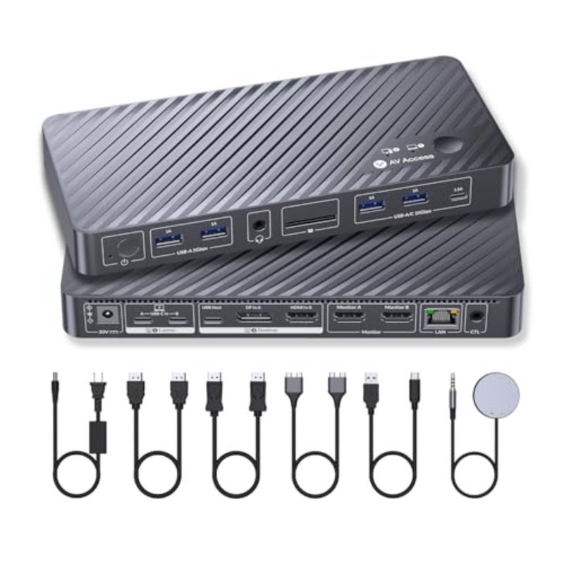 منصة تبديل KVM لسطح المكتب لأجهزة MacBook والكمبيوتر الشخصي: ألومنيوم، أسود، HDMI مزدوج 4K، 100W PD، Ethernet، مضاهاة EDID، التوصيل والتشغيل - Image 1