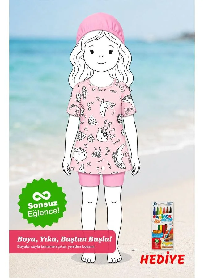 Zuzunga Girl's Paintable 3-Piece Swimsuit Set - Includes 6 Washable Paint Pens as a Gift.
