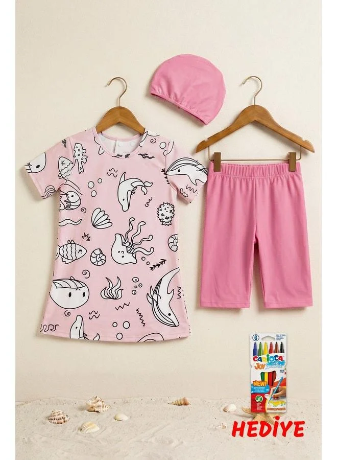 Zuzunga Girl's Paintable 3-Piece Swimsuit Set - Includes 6 Washable Paint Pens as a Gift.