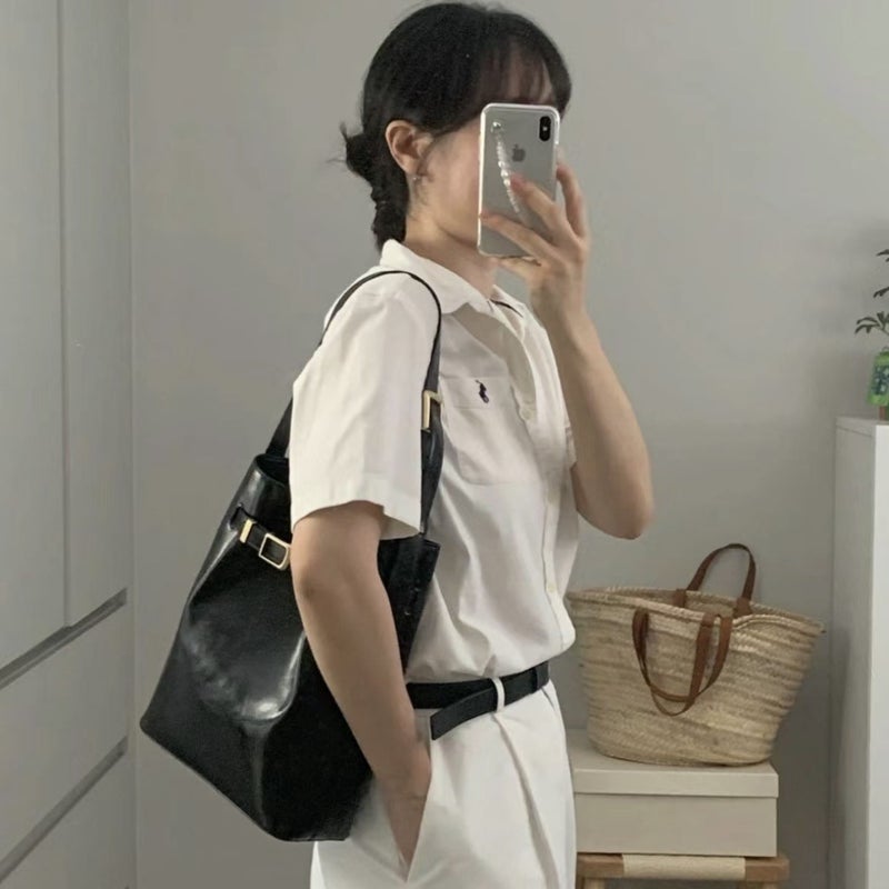 Ins K-Style Niche Bucket Bag Oil Waxed Cowhide Tote Bag High-End Commuter Shoulder Crossbody Bag - Image 4