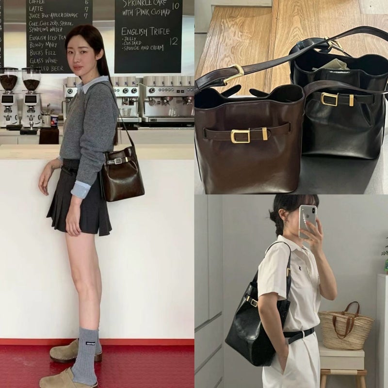 Ins K-Style Niche Bucket Bag Oil Waxed Cowhide Tote Bag High-End Commuter Shoulder Crossbody Bag - Image 2