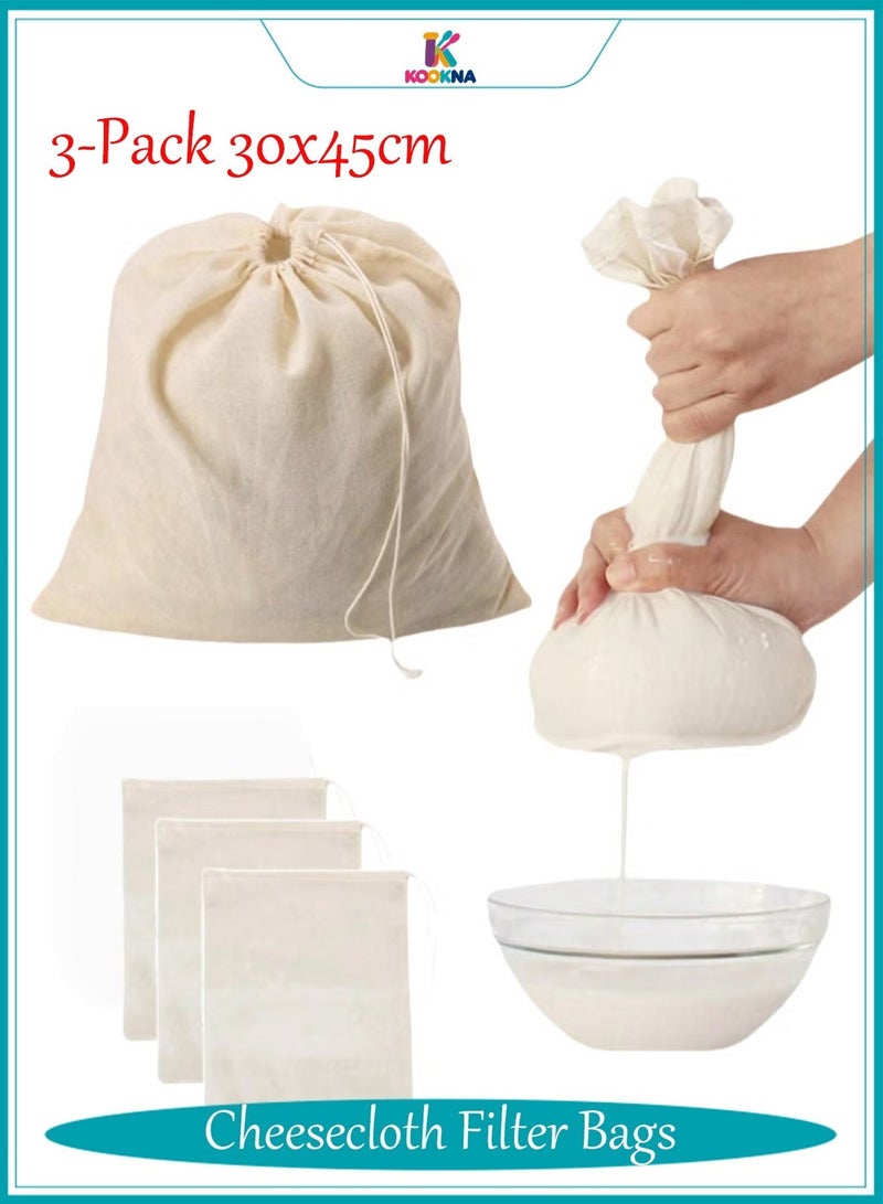 KOOKNA Cheesecloth Filter Bags 3-Piece, Cotton Mesh Strainers, Extra Large Nut Milk Filter Bags 30x45 cm, Reusable Straining Bags for Large Batches and Home Brewing, Set of 3 - Image 1