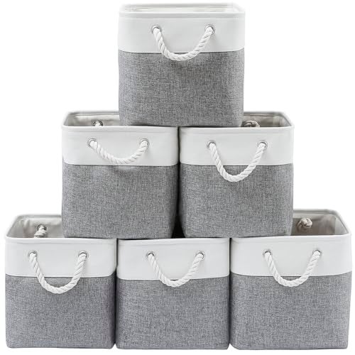 MidmmVick 13 x 13 Inch Cube Storage Bins, 6 Pack Extra Large Collapsible Fabric Storage Bin with Ropes, Foldable Storage Cubes for Home (White & Grey-13"x13"x13") - Image 1