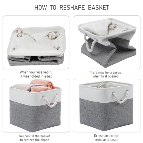 MidmmVick 13 x 13 Inch Cube Storage Bins, 6 Pack Extra Large Collapsible Fabric Storage Bin with Ropes, Foldable Storage Cubes for Home (White & Grey-13"x13"x13") - Image 5
