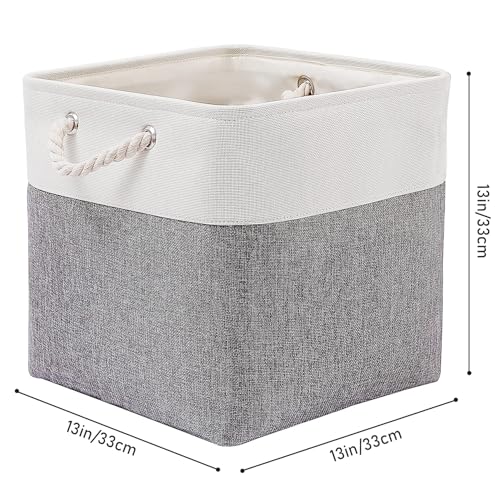 MidmmVick 13 x 13 Inch Cube Storage Bins, 6 Pack Extra Large Collapsible Fabric Storage Bin with Ropes, Foldable Storage Cubes for Home (White & Grey-13"x13"x13") - Image 4