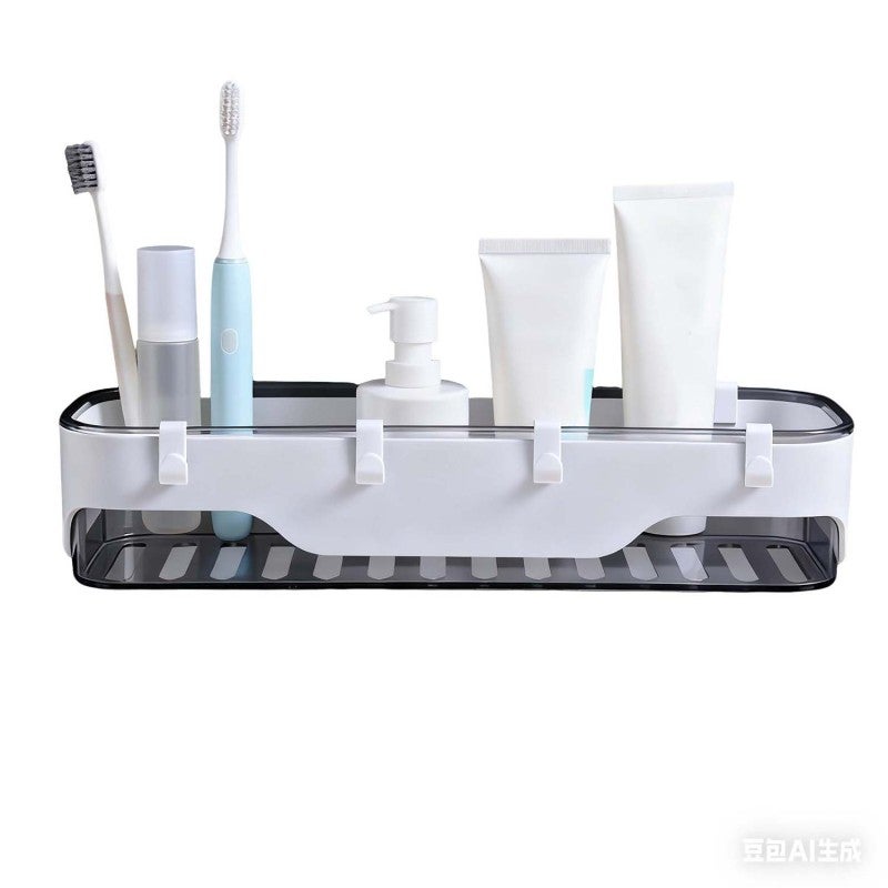 Shower Shelf: Grey 4-Hook Wall-Mounted Unit - Hollow Out Bottom Space-Saving Bathroom Storage Shelf for Shower & Narrow Bathroom Spaces - Image 2