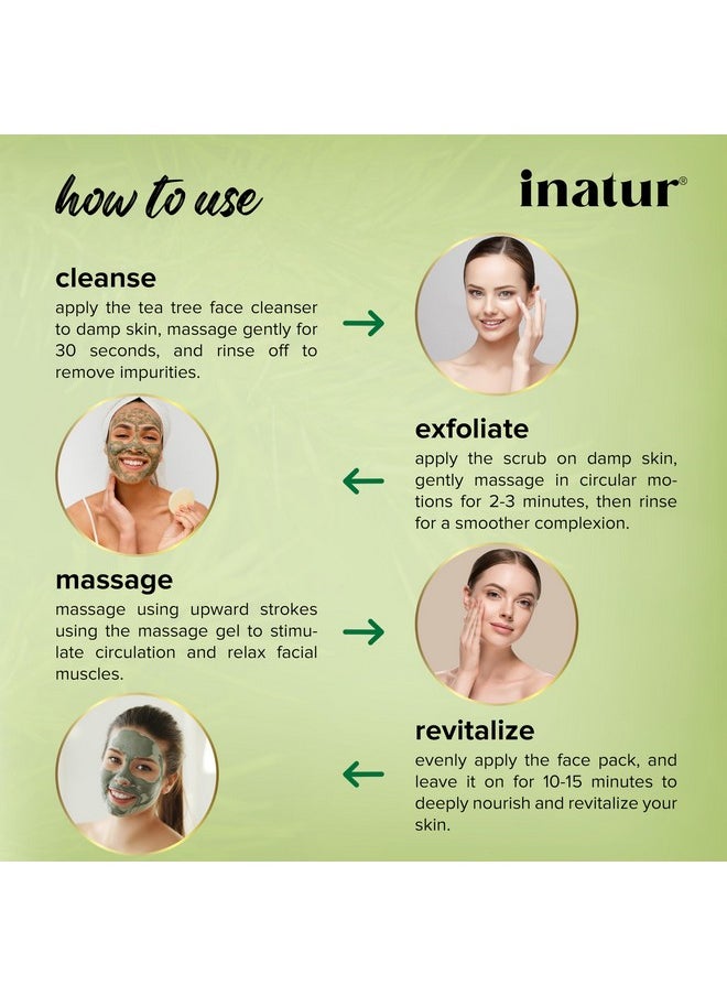 INATUR Tea Tree Facial Kit Cleansing Gel Scrub Massage Cream Face Pack For Clear Skin And Acne Control For Oily Combination And Acne Prone Skin 100G  - Image 5