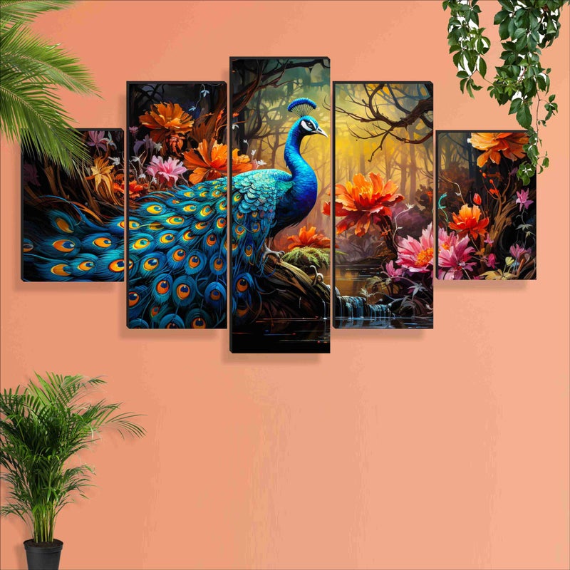 SAF Peacock Paintings for Wall Decoration - Set Of Five, 3d Scenery Vastu Painting for Living Room Large Size with Frames for Home Decoration, Hotel, Office 76.2 cm x 45 cm SANFPNLS35471 - Image 2