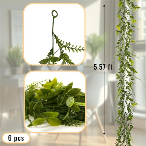 PENGYEE 6 Pack 5.57ft Artificial Greenery Garland for Table, Faux Leaf Garland for Room Decor, Green Garlands for Decoration, Fake Vines Hanging Plants for Home Bedroom Garden Wall Wedding Decor-042 - Image 4