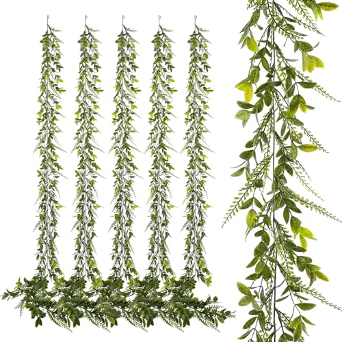 PENGYEE 6 Pack 5.57ft Artificial Greenery Garland for Table, Faux Leaf Garland for Room Decor, Green Garlands for Decoration, Fake Vines Hanging Plants for Home Bedroom Garden Wall Wedding Decor-042 - Image 1