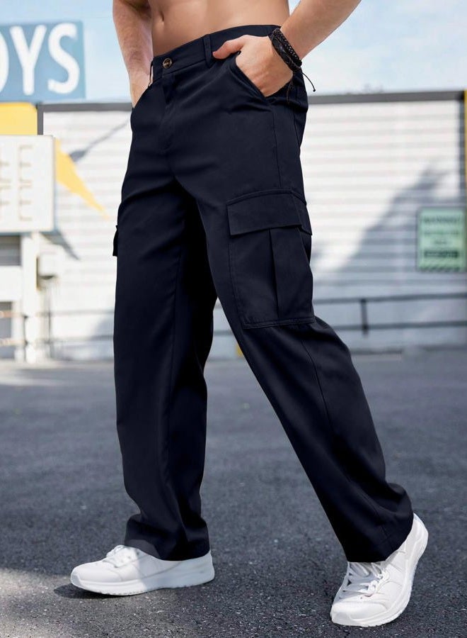 Comdecevis Mens Casual Cargo Pants Baggy Straight Leg Sweatpants with Large Flap Pockets Hiking Sports Trousers, Dark Blue, XL - Image 3