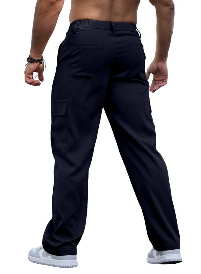 Comdecevis Mens Casual Cargo Pants Baggy Straight Leg Sweatpants with Large Flap Pockets Hiking Sports Trousers, Dark Blue, XL - Image 2