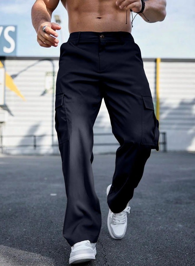 Comdecevis Mens Casual Cargo Pants Baggy Straight Leg Sweatpants with Large Flap Pockets Hiking Sports Trousers, Dark Blue, XL - Image 4