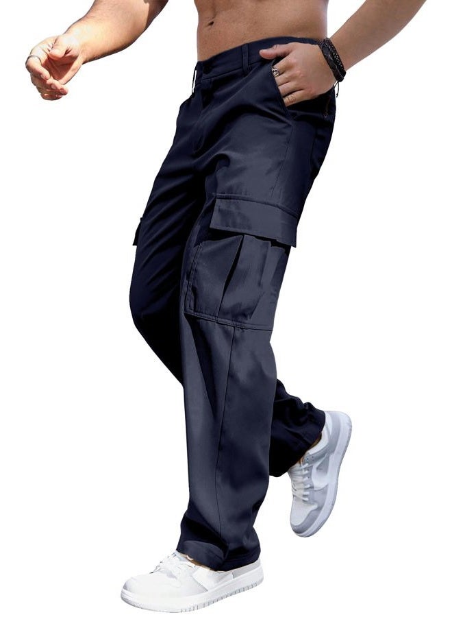 Comdecevis Mens Casual Cargo Pants Baggy Straight Leg Sweatpants with Large Flap Pockets Hiking Sports Trousers, Dark Blue, XL - Image 1
