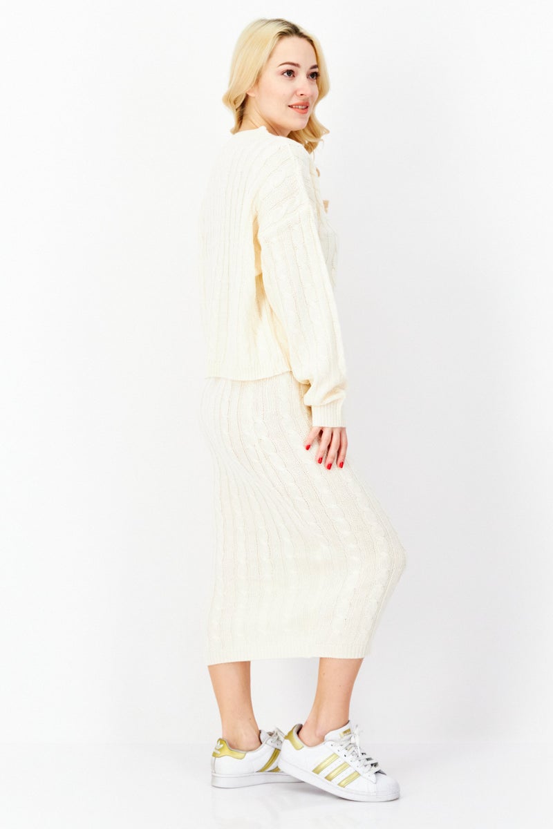 BRAVE SOUL Women 2 Pieces Knitted Sweater And Midi Skirts, Ivory - Image 3