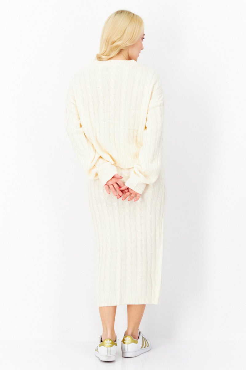 BRAVE SOUL Women 2 Pieces Knitted Sweater And Midi Skirts, Ivory - Image 4