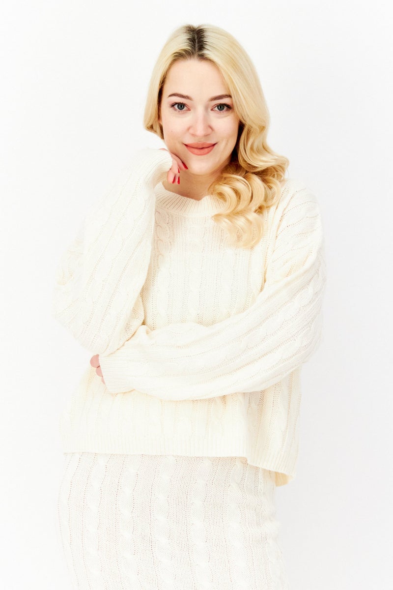 BRAVE SOUL Women 2 Pieces Knitted Sweater And Midi Skirts, Ivory - Image 2
