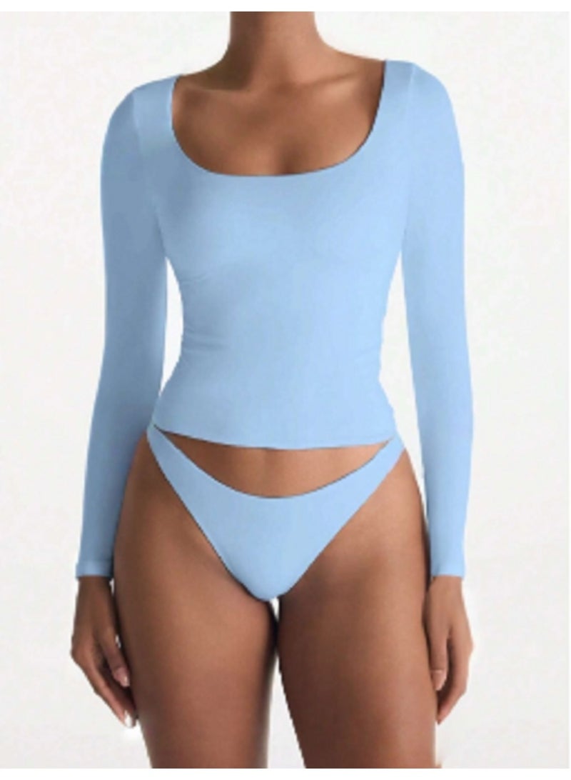 بلوزة مانيكان النسائية القصيرة بأكمام طويلة ورقبة على شكل حرف V أنيقة وقصّة ضيقة - Image 1