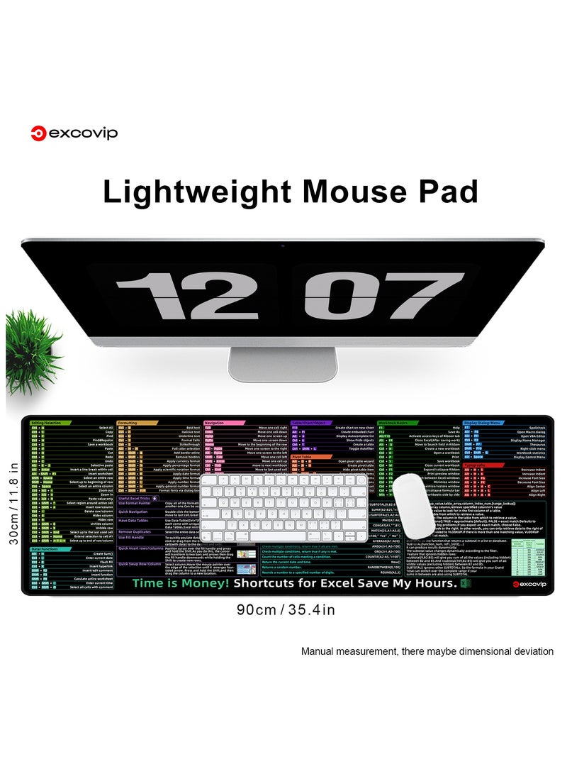 Excel Shortcuts Mousepad, Upgraded Version, Extended Office Mouse Mat, Stitched Edges, Non-Slip Base Keyboard Mats, XL Mouse Pads for Desk, 900x300mm 0271
