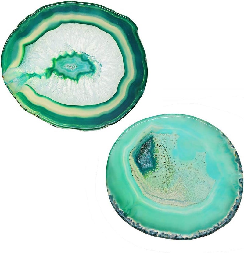 klarako Natural Agate Slice Geode Stone Coasters for Drinks,Crystal Quartz Cup Mats Coasters 3 4 inches  6 Colors to Choose  Green - Image 3