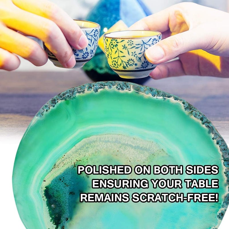 klarako Natural Agate Slice Geode Stone Coasters for Drinks,Crystal Quartz Cup Mats Coasters 3 4 inches  6 Colors to Choose  Green - Image 4