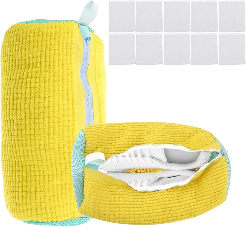 WOBEVB 2Pcs Shoe Washing Machine Bag-Laundry Shoe Bag for Washer and Dryer, Reusable Shoe Cleaning Bag for Sneaker Tennis Shoes Unstain Cleaner Kit, Includes 10 Shoe Bags for Travel (Yellow) - Image 1