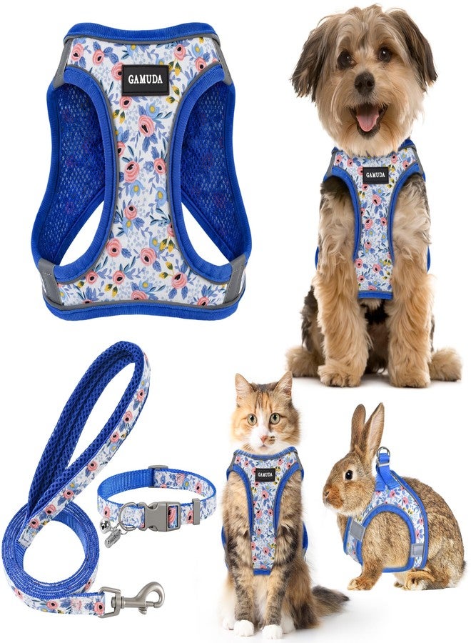 GAMUDA Small Dog Harness Collar and Leash Set, Step in No Chock No Pull Soft Mesh Adjustable Dog Vest Harnesses Plaid Reflective for Dogs Puppy Cats Kitten Rabbit (Blue Flower, S) - Image 1
