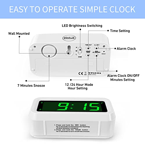 KWANWA 12 Inch Large Display Digital Alarm Clock for Kids & Adults, Dimmable LED Clock with Adjustable Brightness, Easy Snooze, Battery Operated Cordless Desk Clock for Bedroom, Kitchen, (White - Image 3