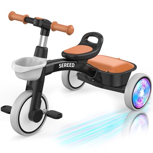 SEREED Colorful Lighting Toddler Tricycle for 25 Years Old Boys Adjustable SeatHandlebar Trike Removable Basket Birthday Gift Idea for Kids Ages 2 Black - Image 1