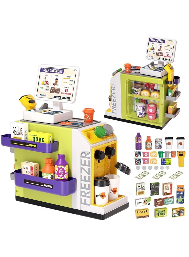 YelaJoy 46-Piece Pretend Play Cash Register Toy Set with Water Outlet Function - Calculator, Scanners, Credit Cards, Coffee Machine, Play Food - 3+Gift for Boys and Girls Ages (green)  - Image 1