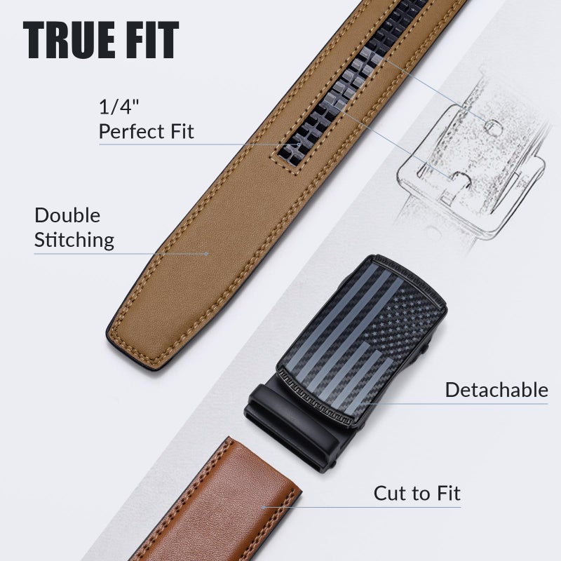 SANSTHS Ratchet Belts for Men 2 Pack, Mens Belts Leather for Dress with Adjustable Slide Buckle, Gift for Him 1 3/8" - Image 3