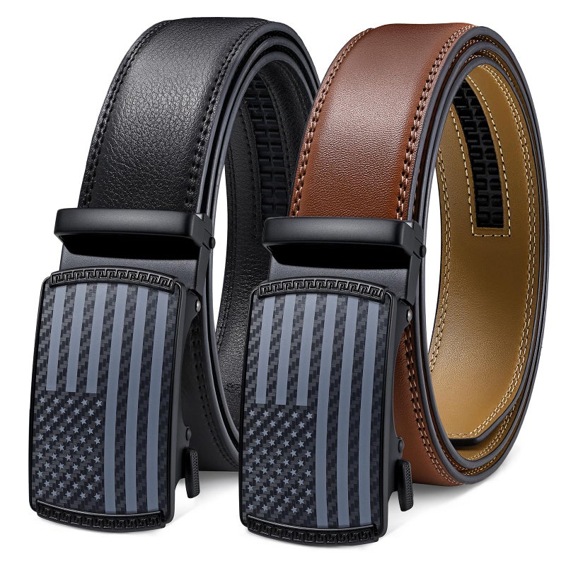 SANSTHS Ratchet Belts for Men 2 Pack, Mens Belts Leather for Dress with Adjustable Slide Buckle, Gift for Him 1 3/8" - Image 1