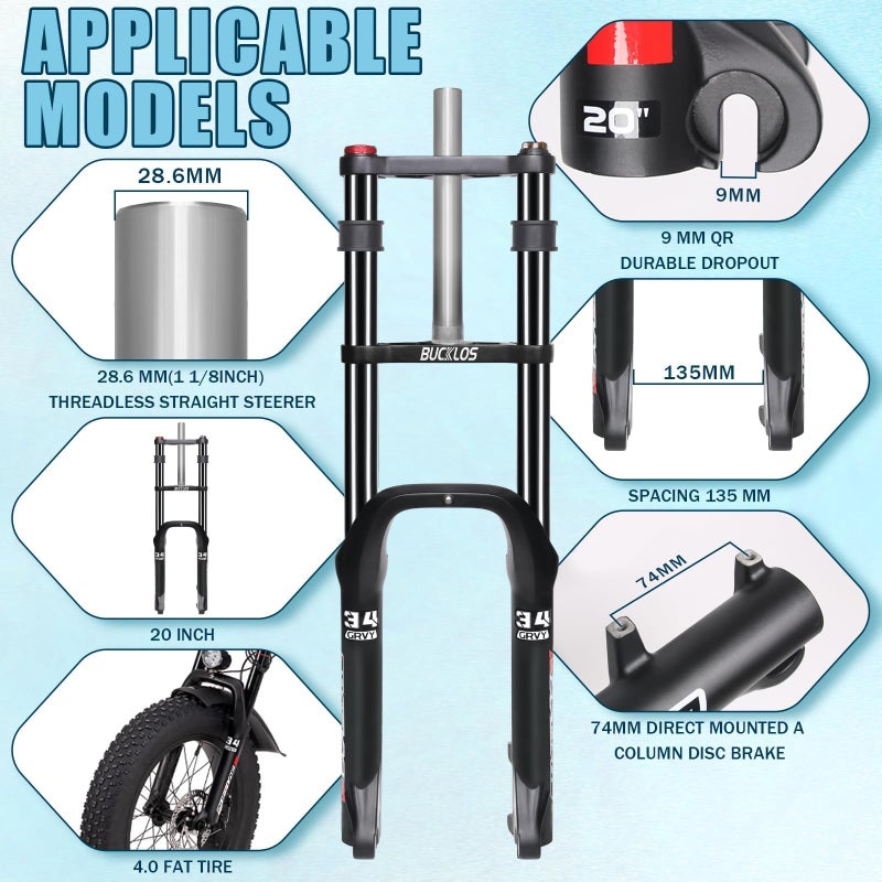 BUCKLOS 20 inch 4.0 Fat Tire Bike Suspension Fork, 180mm Travel 135mm Spacing Hub 9mm QR Ebike Oil MTB Fat Fork, Double Crown 1-1/8 Straight Electric Bicycle Front Fork, Snow Beach Mountain Bike - Image 2