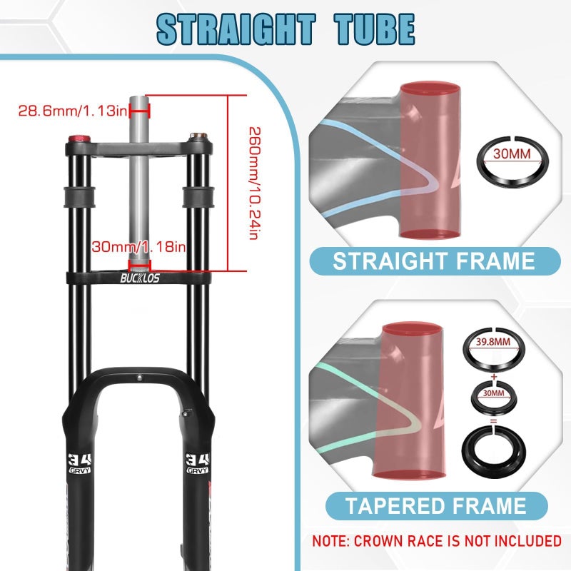 BUCKLOS 20 inch 4.0 Fat Tire Bike Suspension Fork, 180mm Travel 135mm Spacing Hub 9mm QR Ebike Oil MTB Fat Fork, Double Crown 1-1/8 Straight Electric Bicycle Front Fork, Snow Beach Mountain Bike - Image 3