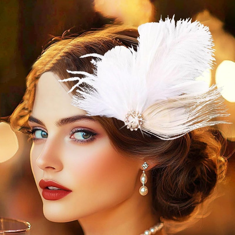 GENBREE 1920s Flapper Headband White Feather Hair Clip Rhinestone Headpiece Prom Party Hair Accessories for Women and Girls Pattern 2 