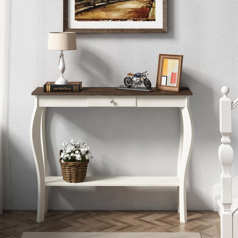 ChooChoo Narrow Farmhouse Console Table with Drawer Chic Accent Sofa Entryway Table with Shelves for Entryway Living Room Hallway Soft White