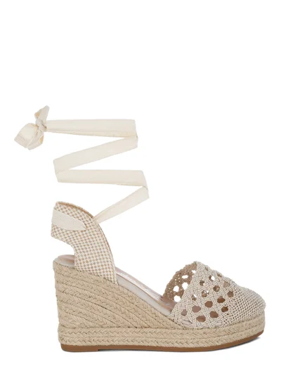 London Rag Woven Lace-Up Espadrille Wedges in Beige